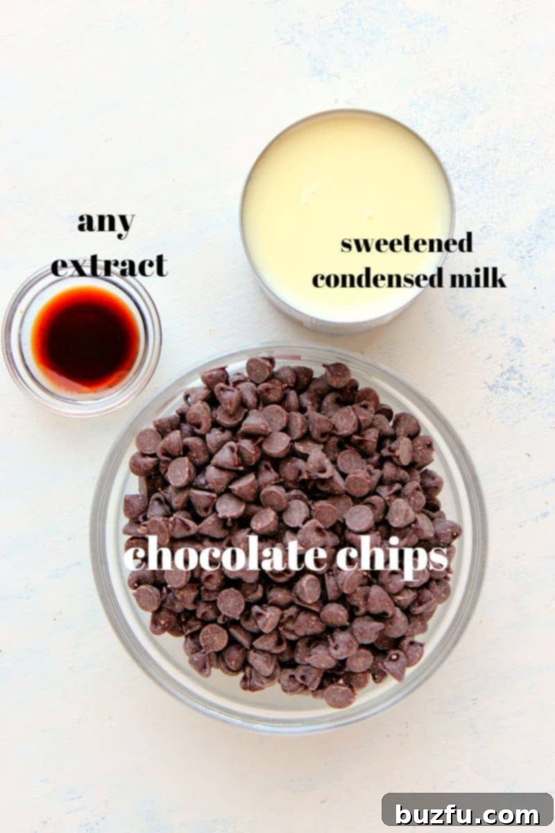 Christmas Fudge Ingredients List Three key ingredients for chocolate fudge: chocolate chips, a can of sweetened condensed milk, and a bottle of vanilla extract, neatly arranged on a wooden board.