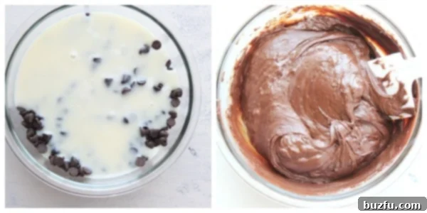 Melting Fudge in Microwave Close-up of melted chocolate chips and sweetened condensed milk expertly combined in a microwave-safe bowl, creating a smooth, rich fudge base.