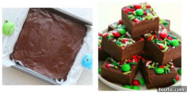 Cutting Homemade Fudge A freshly made pan of chocolate fudge, partially cut into perfect squares, showcasing its smooth texture and festive toppings.