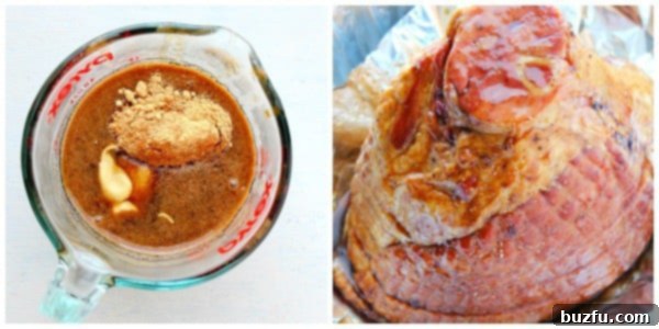 How to make Christmas ham: Glazing and baking A golden-brown glazed ham baking in a pan, with a glass cup of extra glaze nearby, illustrating the process of making Christmas ham.