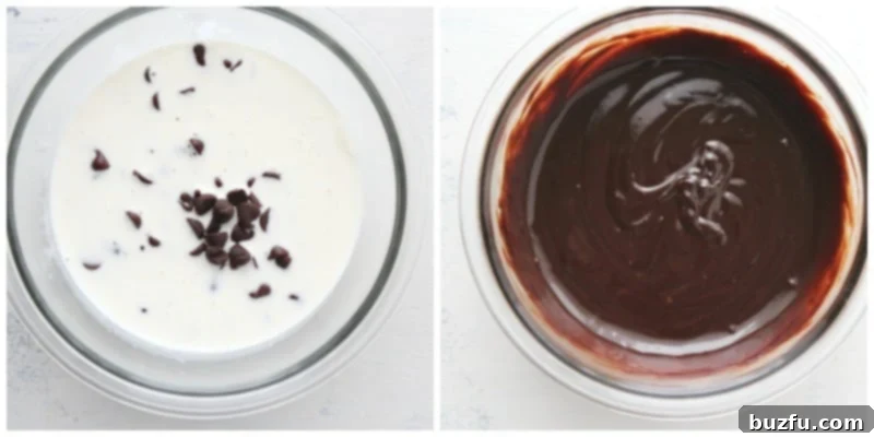How to make chocolate ganache. Cream and chocolate in a bowl.