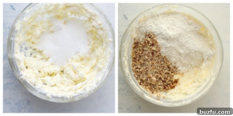 Creaming Butter and Sugar for Snowball Cookies Close-up of butter and granulated sugar being creamed together in a mixing bowl, illustrating an essential step in making snowball cookies.