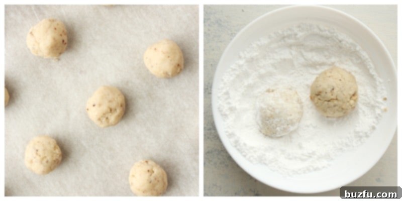 Bake and Roll Snowball Cookies in Powdered Sugar Freshly baked snowball cookies cooling on a wire rack, ready for their final coating of powdered sugar.