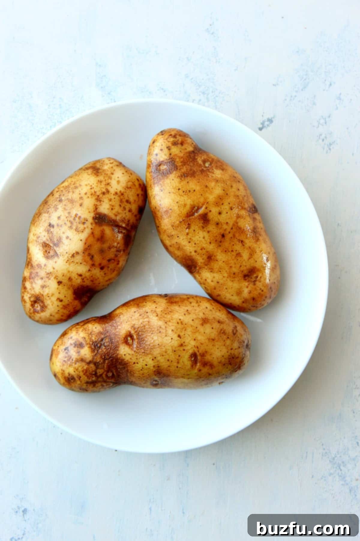 Three perfectly sized Russet potatoes waiting to be prepared in a white bowl.