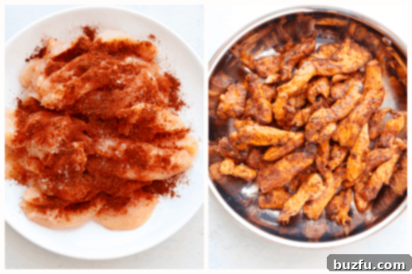 Cook seasoned chicken in skillet. Seasoned chicken pieces on a white plate next to a skillet with cooked chicken.