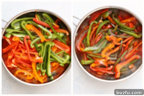 Saute peppers. Colorful bell pepper strips cooking in a pan.