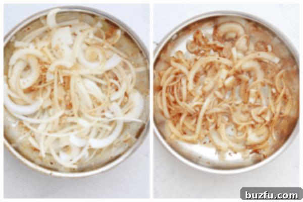 Saute onions. Sliced onions being sautéed in a pan.