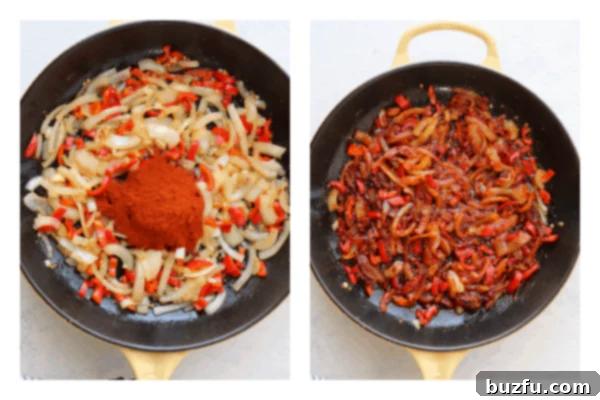 Sweet Hungarian paprika being stirred into sautéed vegetables in a pan, releasing its vibrant color and aroma.