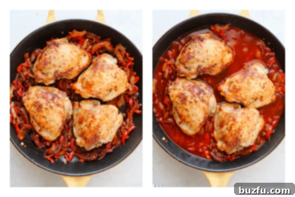 Browned chicken pieces returned to the skillet with the paprika-infused vegetable base and chicken stock, ready to simmer.