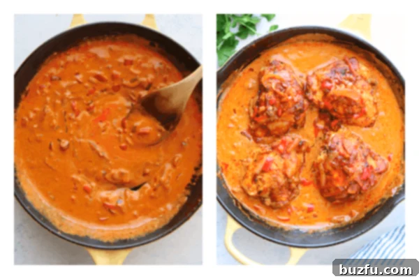Prepared chicken paprikash with tender chicken in its rich, creamy sauce, served directly from the pan.