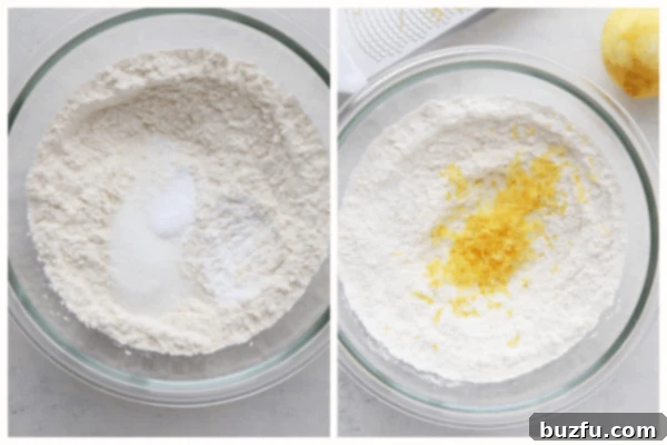 Making of blueberry pancakes. Dry ingredients and lemon zest mixed in a large white bowl.