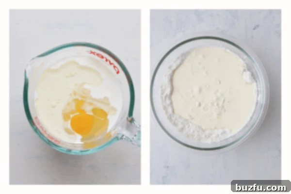 Add wet ingredients. Wet ingredients in a bowl with a whisk, showing the liquid mixture ready to be combined with dry ingredients.