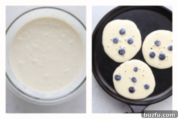Fry batter in a pan. Pancake batter being poured onto a hot griddle, with another pancake already cooking.