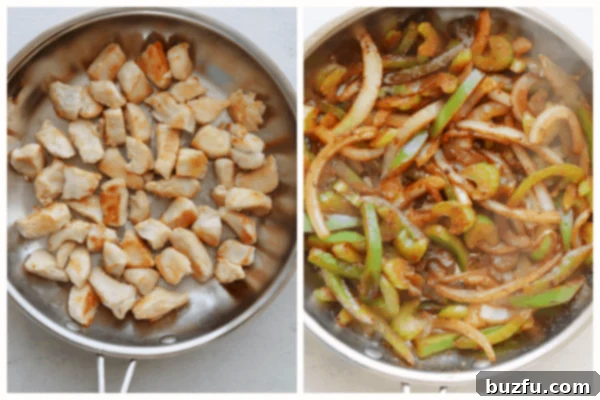 How to make black pepper chicken. Chicken in pan, veggies sauteed in pan.