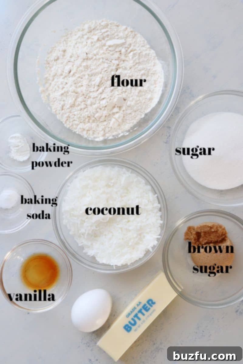 High-Quality Coconut Cookies Ingredients A beautiful flat lay of all the essential ingredients for making coconut cookies, including flour, sugars, butter, eggs, and a generous pile of sweetened coconut, arranged neatly on a wooden board.