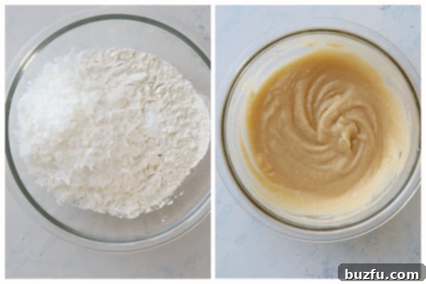 Step-by-Step Coconut Cookie Dough Preparation Dry ingredients and the creamed butter and sugar mixture in separate bowls, ready to be combined for coconut cookie dough.