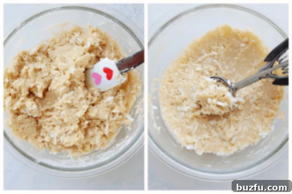 Chilled vs Unchilled Coconut Cookie Dough Two images side-by-side showing coconut cookie dough: one before chilling (soft) and one after chilling (firmer), demonstrating the effect of refrigeration on dough consistency.