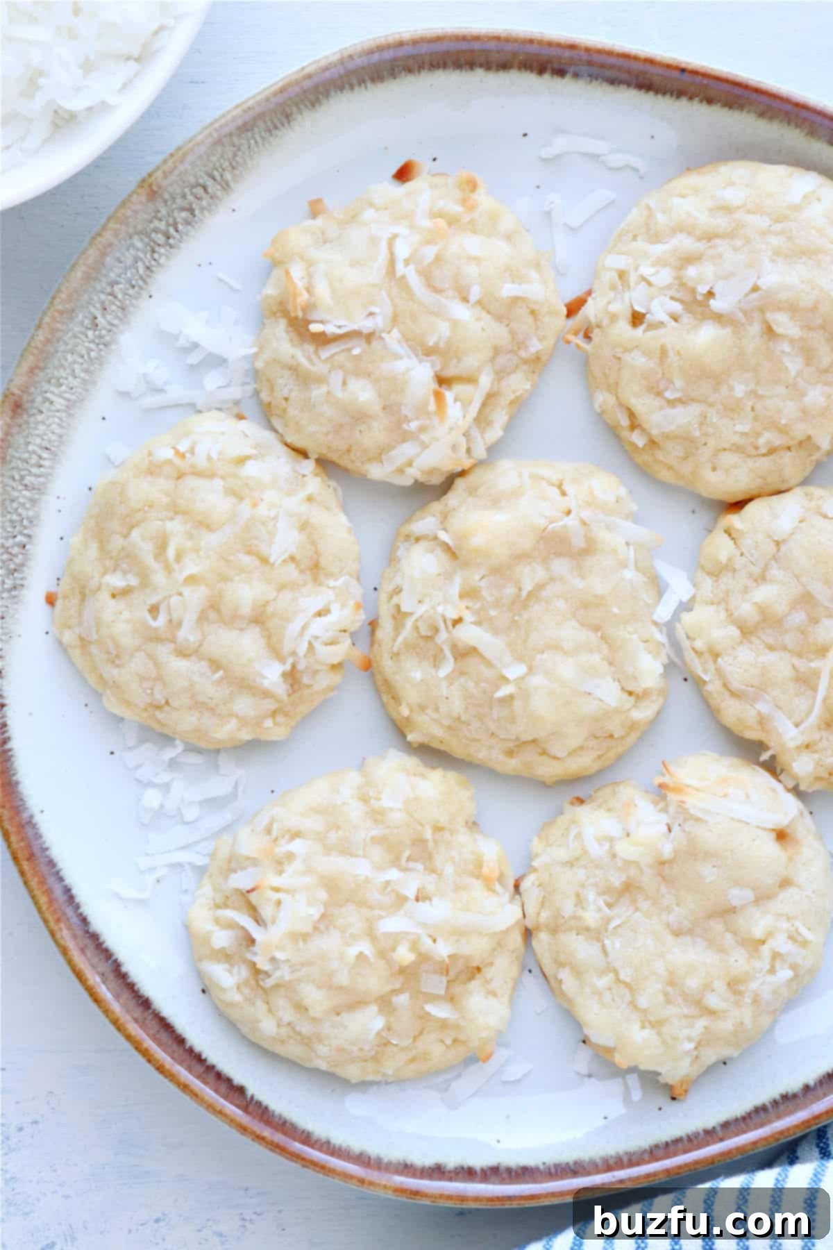 Perfectly Baked Chewy Coconut Cookies Beautifully baked chewy coconut cookies with visible shreds of coconut, arranged on a rustic plate with a subtle rim.