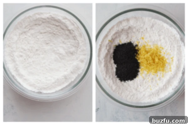 A bowl filled with dry ingredients for muffin batter, including flour, sugar, baking powder, and poppy seeds.