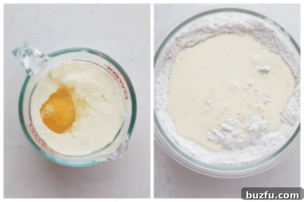 Wet ingredients in a measuring cup and being added to dry ingredients in a mixing bowl.