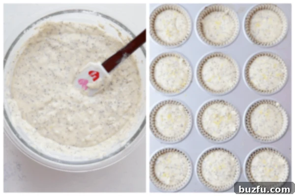 Muffin batter scooped into a muffin pan, ready for baking.