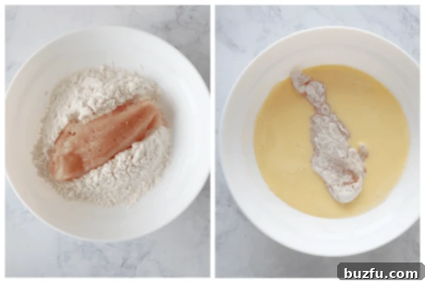 Breading Chicken for Coconut Chicken Close-up shot showing chicken pieces being dipped in flour and then in egg wash, illustrating the breading process for coconut chicken.