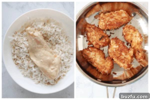 Frying Crispy Coconut Chicken Crispy coconut chicken pieces sizzling in a hot skillet, alongside a bowl of the coconut-breadcrumb mixture ready for coating.