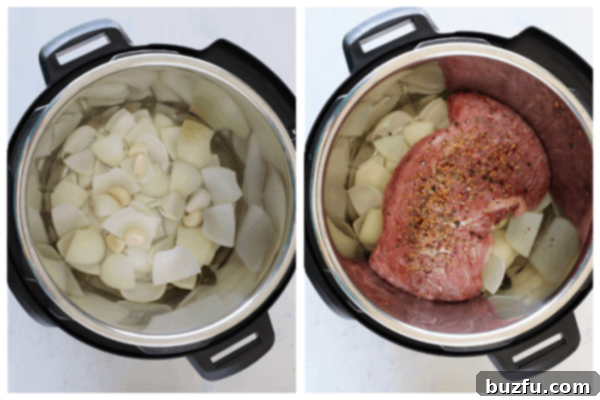 Onions and beef in the Instant Pot.