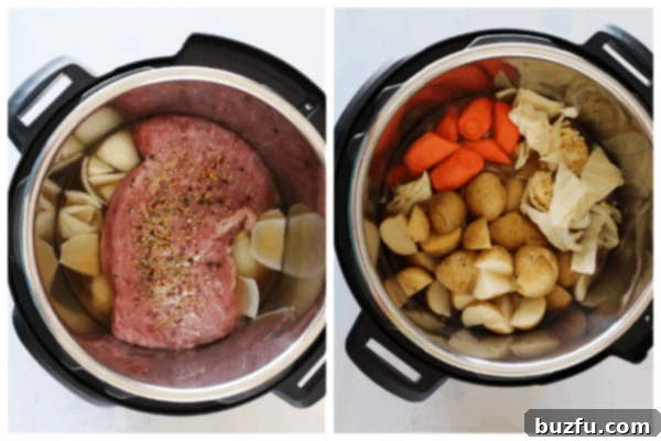 Meat and potatoes in the Instant Pot.