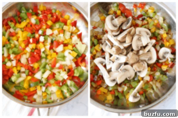 Sautéing vegetables for quesadillas Colorful bell peppers and chopped onions sizzling in a hot skillet with olive oil.