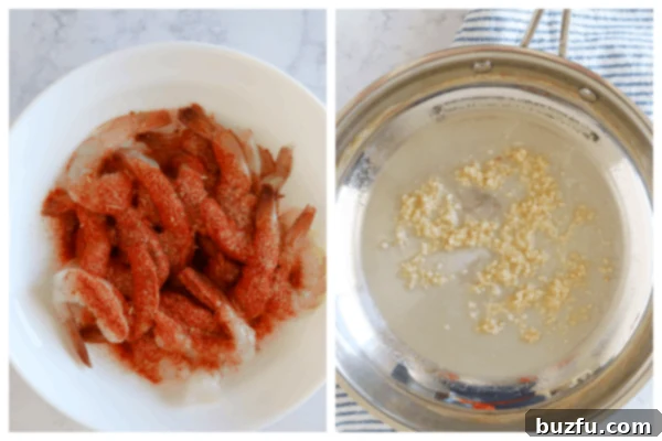 Raw shrimp coated with Cajun seasoning in a bowl, alongside minced garlic in a pan with melted butter and oil, ready to be cooked.
