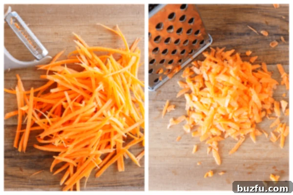 How to Cut Carrots for Salad Shredded carrots on a cutting board, ready for the salad preparation.