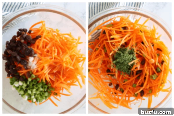 How to Make Carrot Salad Carrots, raisins, onions, and spices mixed in a bowl, illustrating the salad preparation process.