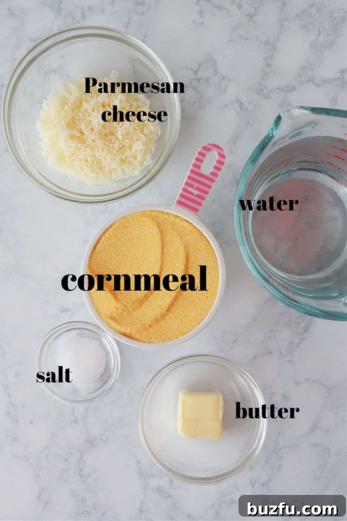 Creamy polenta ingredients Ingredients for polenta on a board.