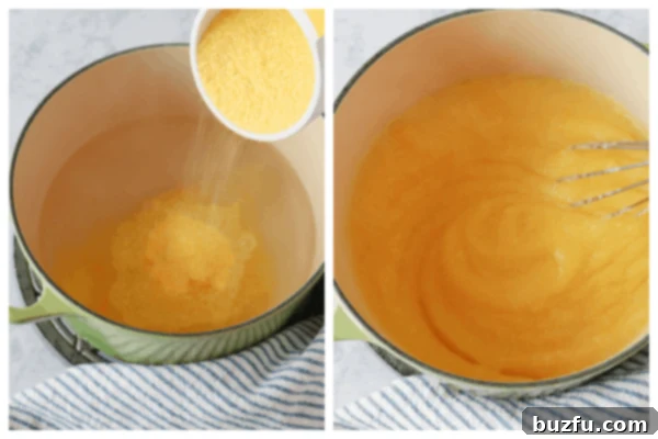 How to make polenta. Cornmeal added to water in a pot.