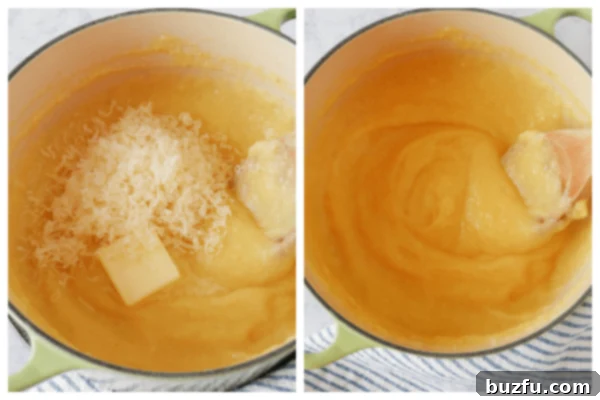 Add cheese and butter. Cheese and butter added to polenta.