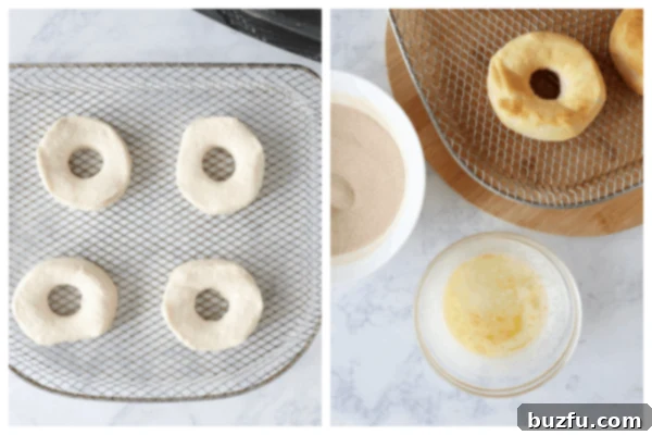Air Frying Biscuits into Donuts Donuts actively baking on an air fryer rack, steadily transforming into a delicious golden brown.