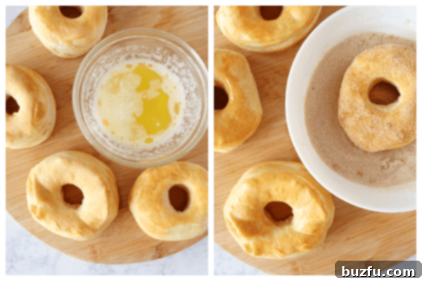 Coating Air Fryer Donuts with Cinnamon Sugar Warm air fryer donuts being carefully brushed with melted butter, an essential step before they are coated with cinnamon sugar.