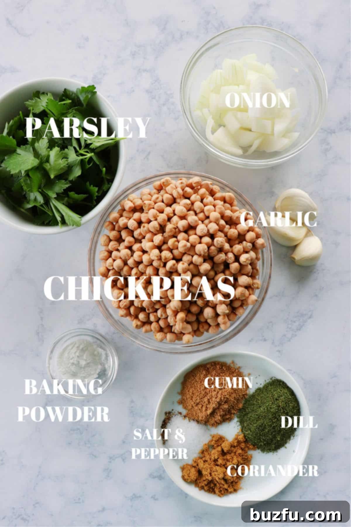 Falafel ingredients Ingredients for falafel on a marble board.