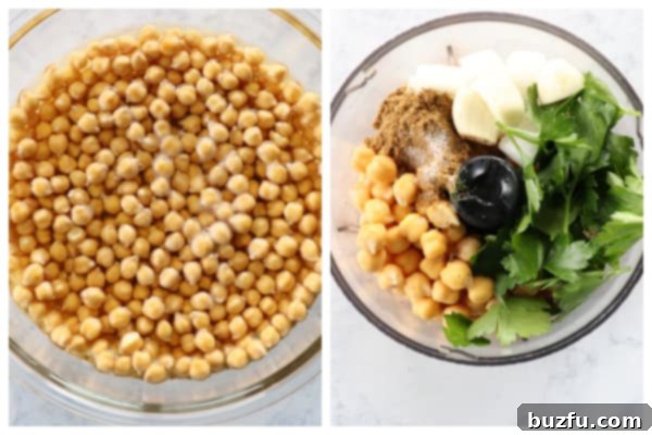 How to make a falafel. Chickpeas in bowl and in food processor.