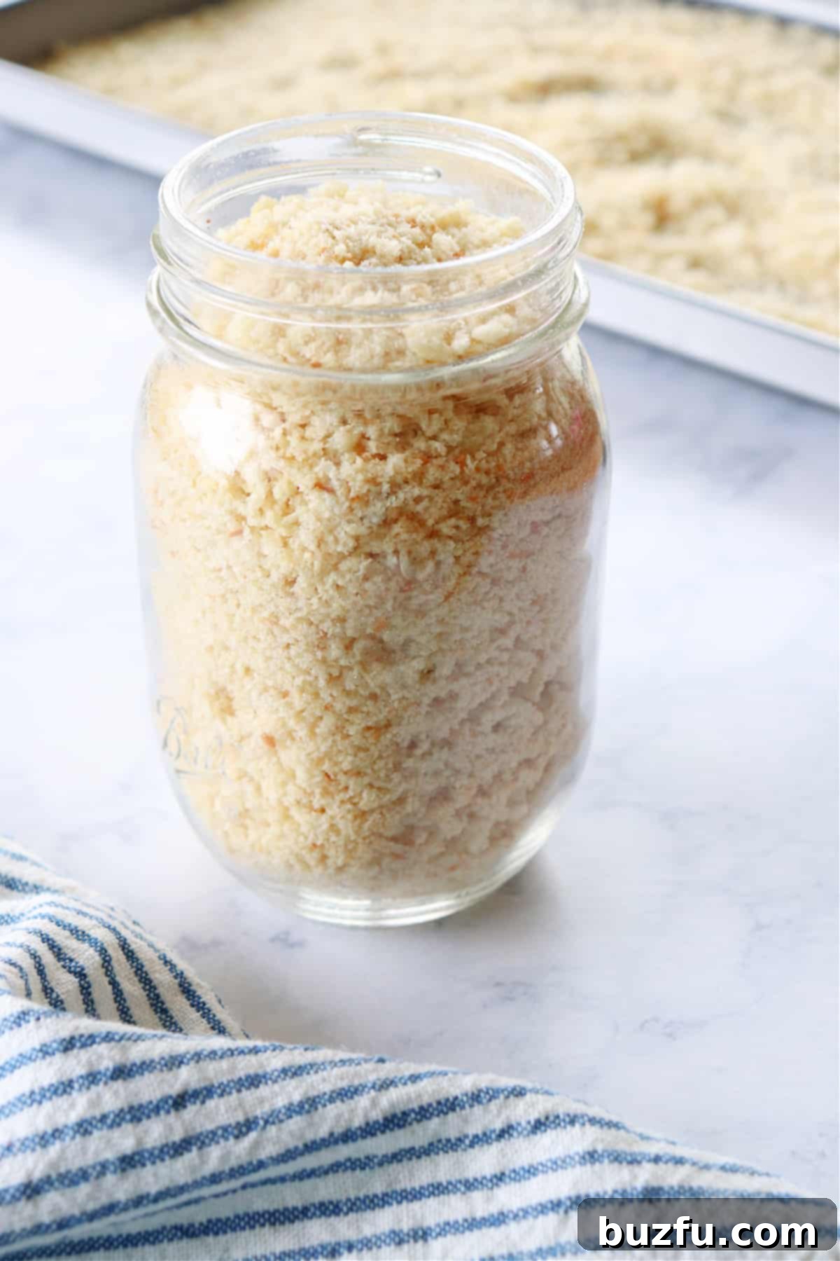 Bread crumbs in a glass jar.