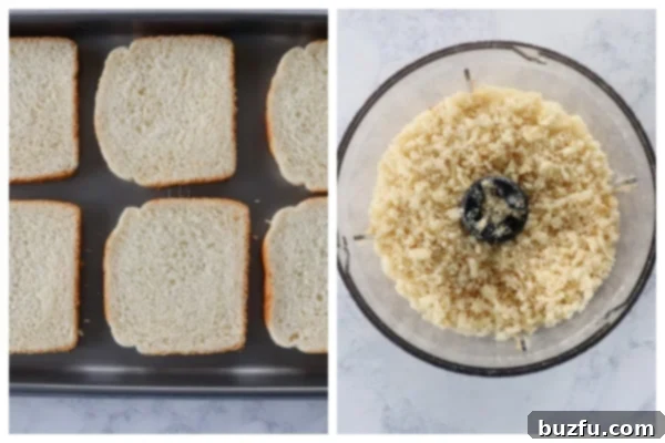 Bread on baking sheet and crumbs in food processor.