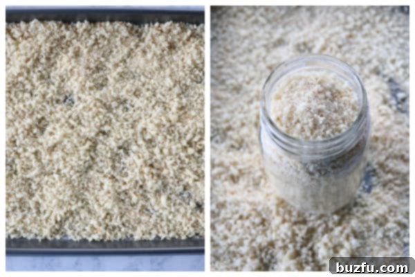 Crumbs on a baking sheet and in jar.
