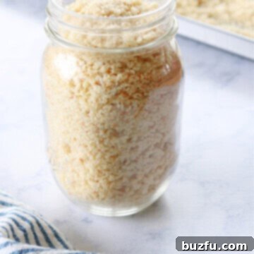 Bread crumbs in a glass jar.