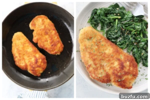 Frying breaded chicken cutlets to golden perfection A breaded chicken cutlet frying in hot oil in a pan, next to a finished, golden brown cutlet resting on a plate, showcasing the frying process.