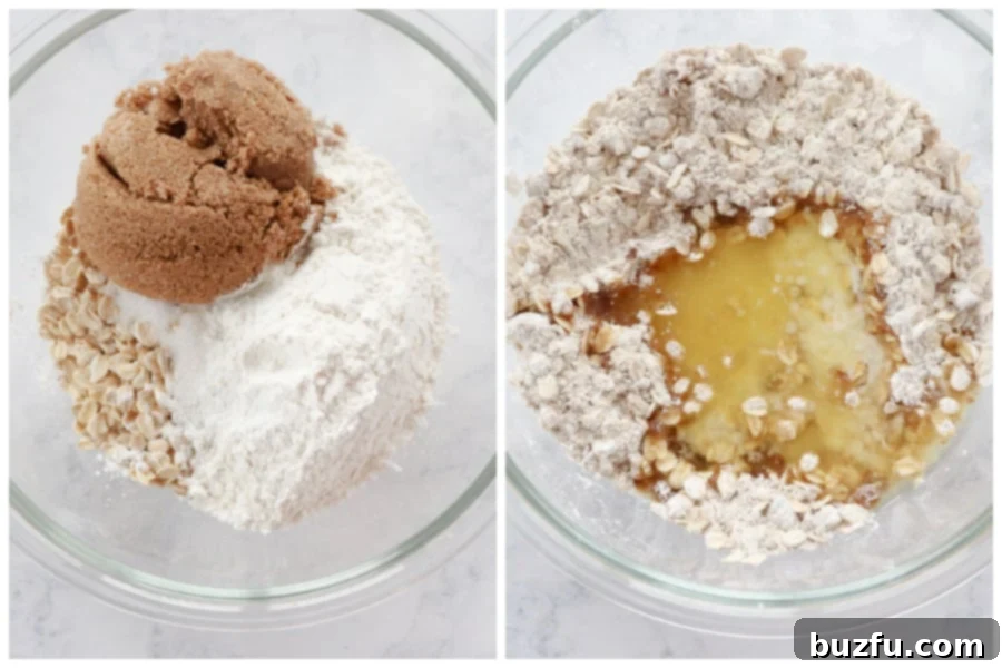 Steps for making crumble topping, showing dry ingredients mixed, then butter added and stirred into coarse crumbs.