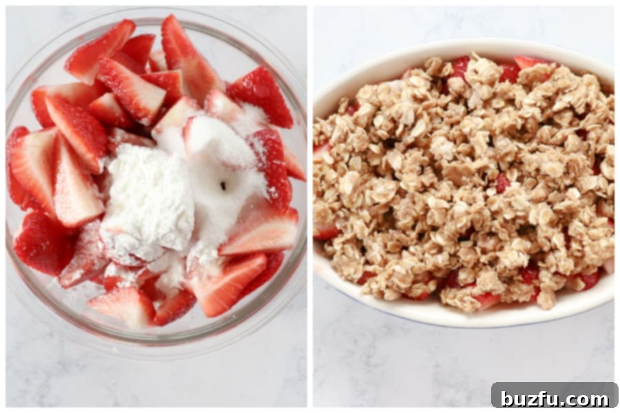 Prepared strawberries in a bowl, and the berry mixture ready in a baking dish before topping.