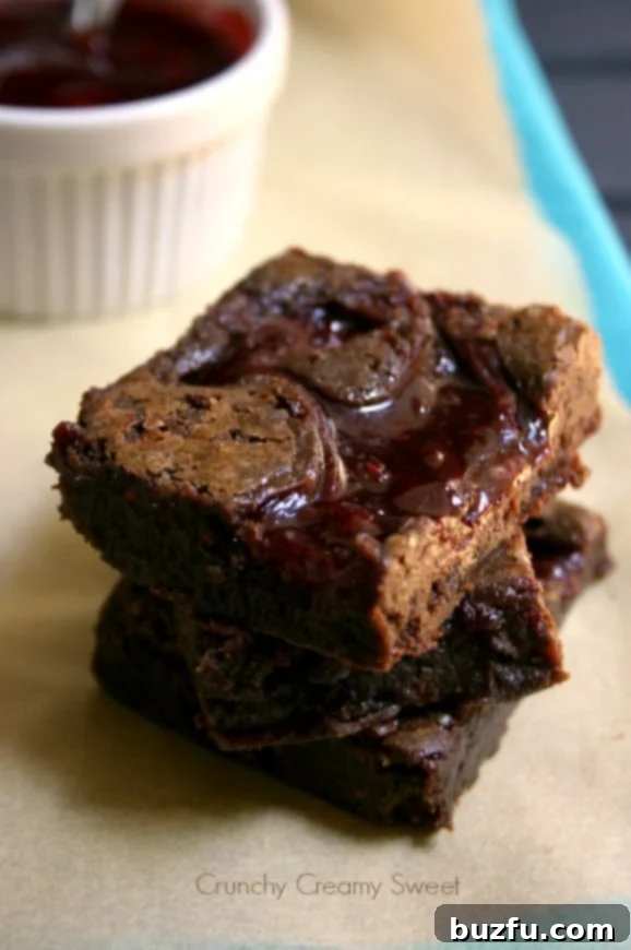 Fudgy Raspberry Brownies - Close-up of the delicious raspberry swirl