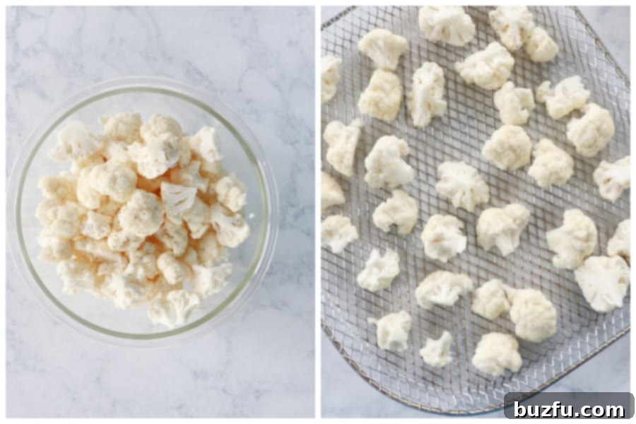 Cauliflower florets seasoned in a bowl, next to an air fryer basket filled with cauliflower.