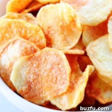 Guilt-Free Air Fryer Potato Crisps 2 Close up shot of air fryer potato chips.